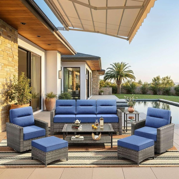 patio furniture set, outdoor sofa, wicker patio set, outdoor lounge set, garden furniture, bestseller push, lifestyle, calm, blue, neutral